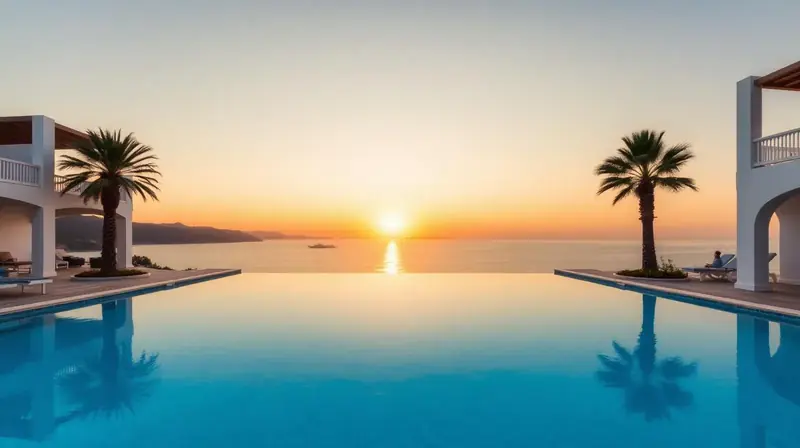 Luxuriöser Pool mit Palmen und Sonnenuntergang am Meer